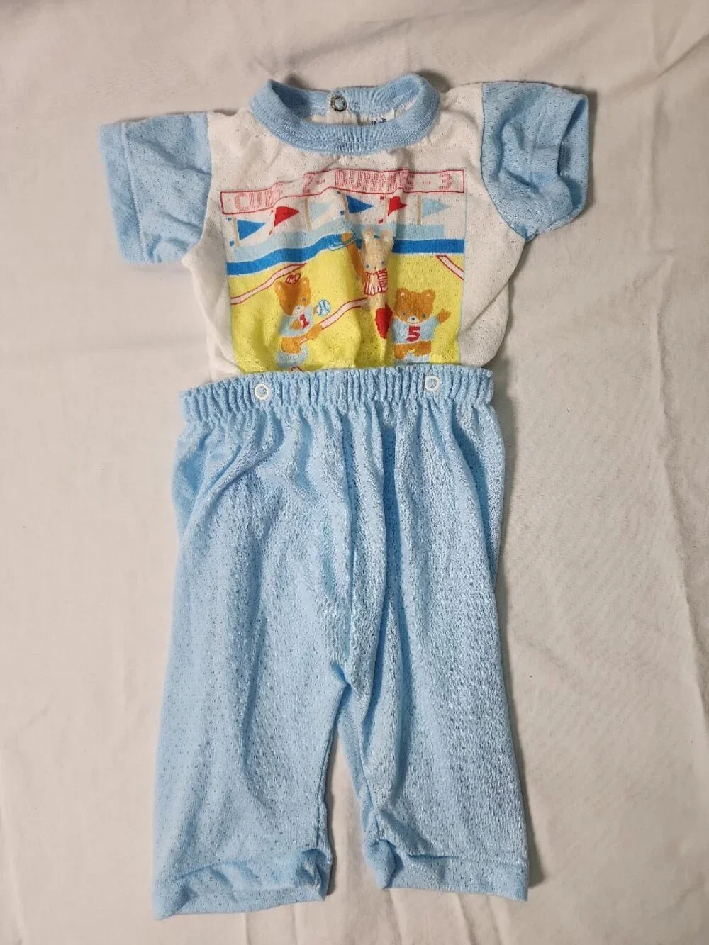 GERBER 2 Piece Snap Apart Blue BABY PAJAMAS Animals Baseball USA 12 MONTHS VTG